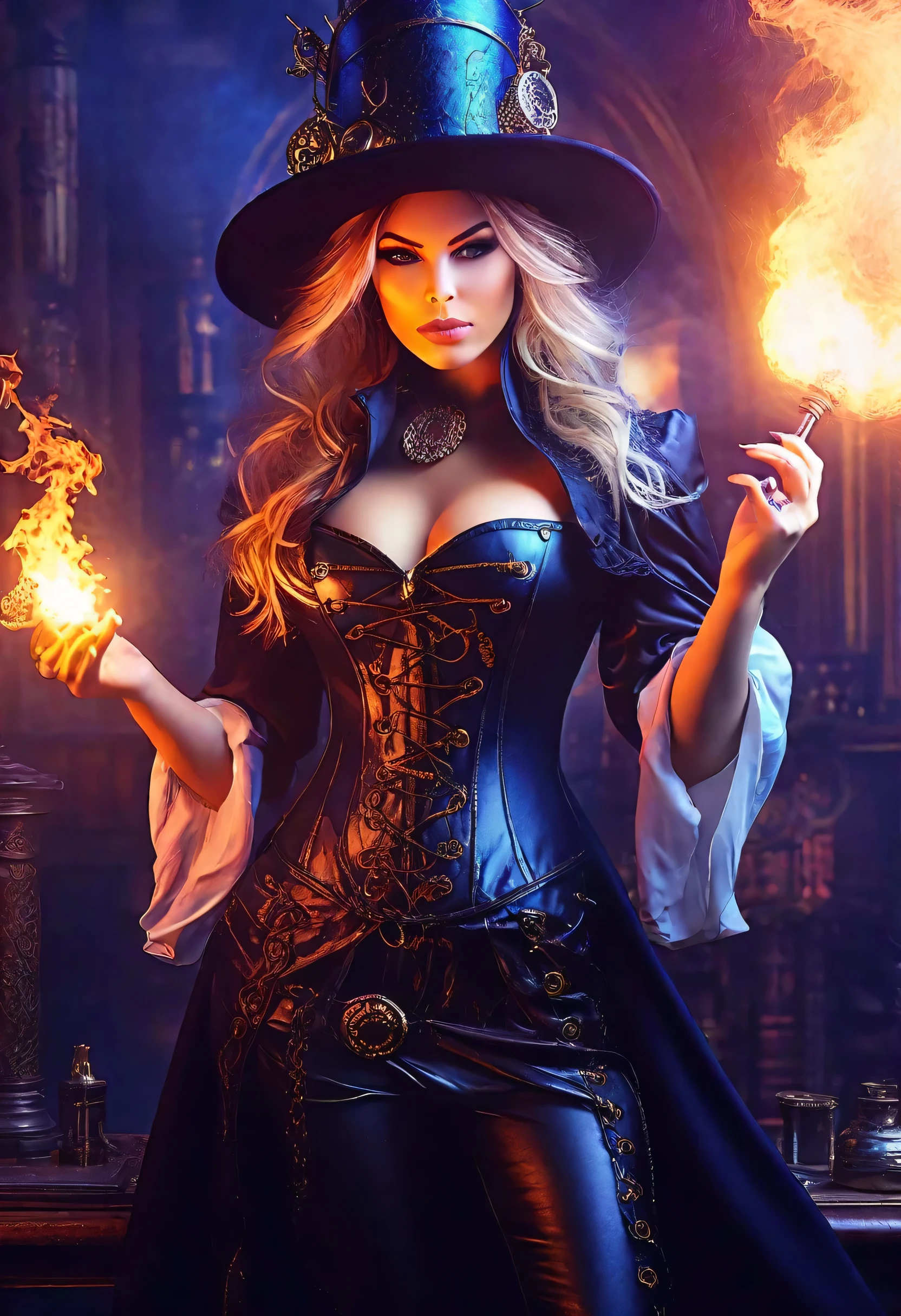 Fantasyart, steampunk art, rpg art, fot, cru, , Best Detailed, photo of a witch woman, standing proudly, manipulating magical fire blue, extremely beautiful woman (Best Detailed, work of art, hyper realist: 1.5) hair blonde, rich hair, wavy hair, dynamic eye color, dressing black and white dress, dressing (white robe: 1.2), dressing (pantyhose: 1.2), dressing high heeled boots, attackers boots, make up, steampunk laboratory background, ultra best realistic, best details, best qualityer, 16K, [ultra detaild], work of art, best qualityer, (extremely detaild), ultra wide photo, fotorrealism, Depth of field, hyper realistic painting, glowing runes_purple, fire blue
