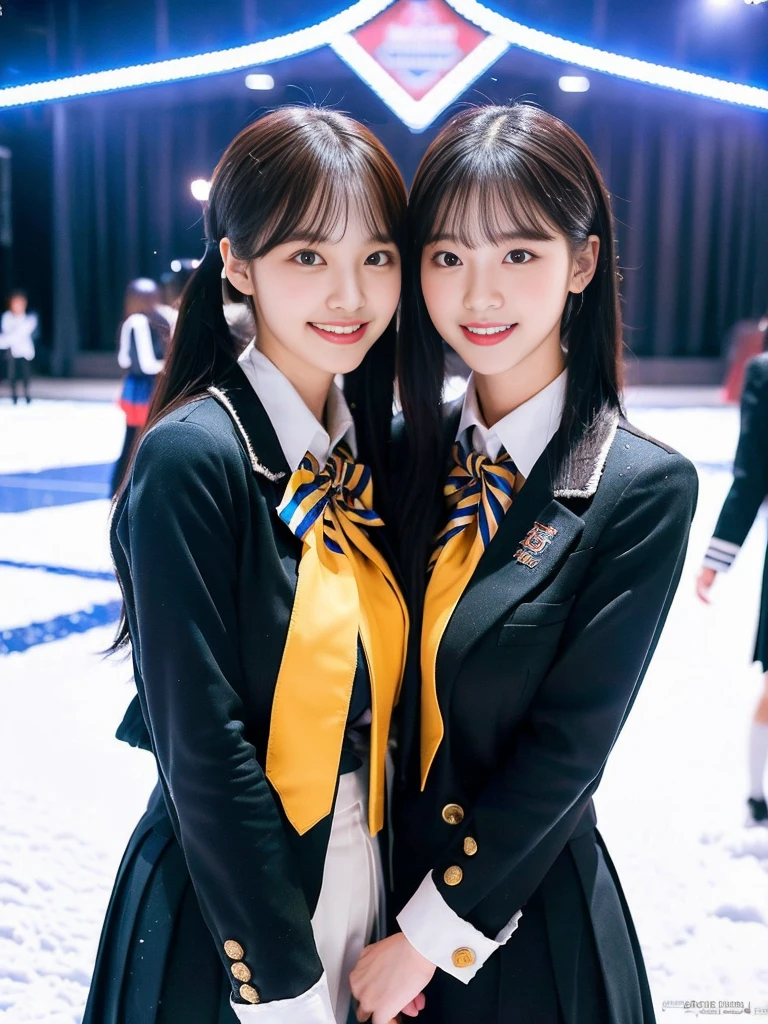 (Super cute Korean female college students take a commemorative photo together in their school uniforms:1.2)(grin,smile:1.1)(Beautiful Sweat:1.1)(16K, RAW Photos, Highest quality, masterpiece: 1.2),(Glossy black hair with cute twin tails) Super detailed, Super Resolution, (Genuine, Genuine photos: 1.37), Portraiture, High-resolution RAW color photos, Professional photos, Very detailed, 8k wallpaper, Very detailed CG Unity 8k wallpaper, Very detailed beautiful girls, Very detailed faces, ((whole body)), beautiful woman, Huge breasts,(huge boobs:1.1) (Big Boobs:1.1), beautiful (Wearing a tight and cute designated by the company),high school girl, Korean Girls,(K-POP Female Idols), (Idol-class beauty)(Beautiful high school girl:1.1)(Fountain Square covered in heavy snow in midwinter)(17 years old)(School uniform style outfit:1.1)wearing ushanka