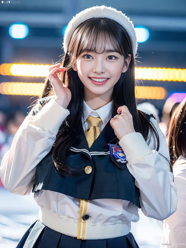 (Super cute Korean female college students take a commemorative photo together in their school uniforms:1.2)(grin,smile:1.1)(Beautiful Sweat:1.1)(16K, RAW Photos, Highest quality, masterpiece: 1.2),(Glossy black hair with cute twin tails) Super detailed, Super Resolution, (Genuine, Genuine photos: 1.37), Portraiture, High-resolution RAW color photos, Professional photos, Very detailed, 8k wallpaper, Very detailed CG Unity 8k wallpaper, Very detailed beautiful girls, Very detailed faces, ((whole body)), beautiful woman, Huge breasts,(huge boobs:1.1) (Big Boobs:1.1), beautiful (Wearing a tight and cute designated by the company),high school girl, Korean Girls,(K-POP Female Idols), (Idol-class beauty)(Beautiful high school girl:1.1)(Fountain Square covered in heavy snow in midwinter)(17 years old)(School uniform style outfit:1.1)wearing ushanka