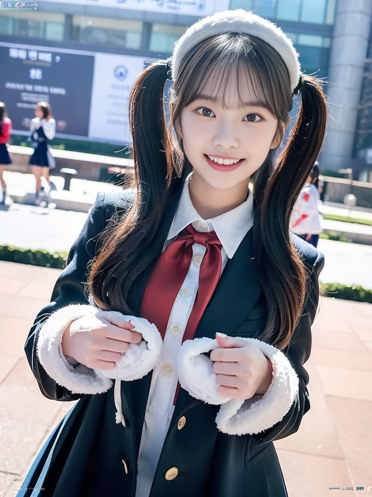 (Super cute Korean female college students take a commemorative photo together in their school uniforms:1.2)(grin,smile:1.1)(Beautiful Sweat:1.1)(16K, RAW Photos, Highest quality, masterpiece: 1.2),(Glossy black hair with cute twin tails) Super detailed, Super Resolution, (Genuine, Genuine photos: 1.37), Portraiture, High-resolution RAW color photos, Professional photos, Very detailed, 8k wallpaper, Very detailed CG Unity 8k wallpaper, Very detailed beautiful girls, Very detailed faces, ((whole body)), beautiful woman, Huge breasts,(huge boobs:1.1) (Big Boobs:1.1), beautiful (Wearing a tight and cute designated by the company),high school girl, Korean Girls,(K-POP Female Idols), (Idol-class beauty)(Beautiful high school girl:1.1)(Fountain Square covered in heavy snow in midwinter)(17 years old)(School uniform style outfit:1.1)wearing ushanka
