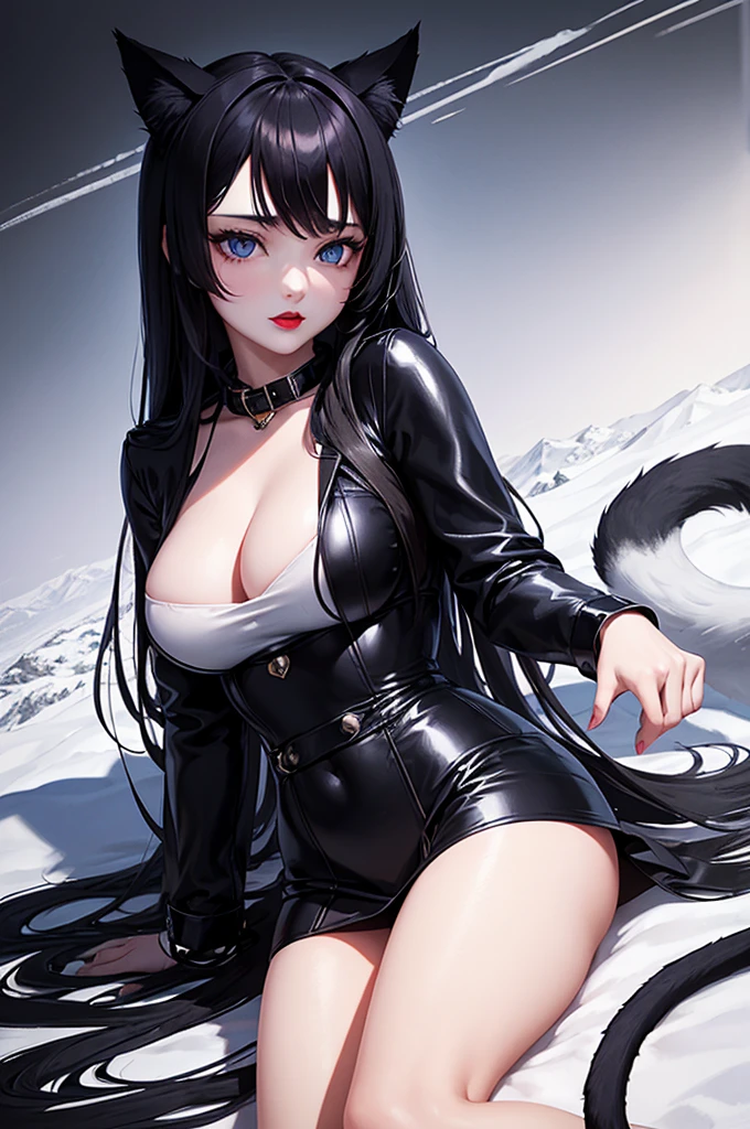 Detailed facial details，16 years old，1 girl，Red lips，Cat ear，Black long hair，Wearing snow-white lace pajamas，Large Breasts，Slim，Handcuffs，Collar，Radiant Skin，Sitting on the bed，bedroom