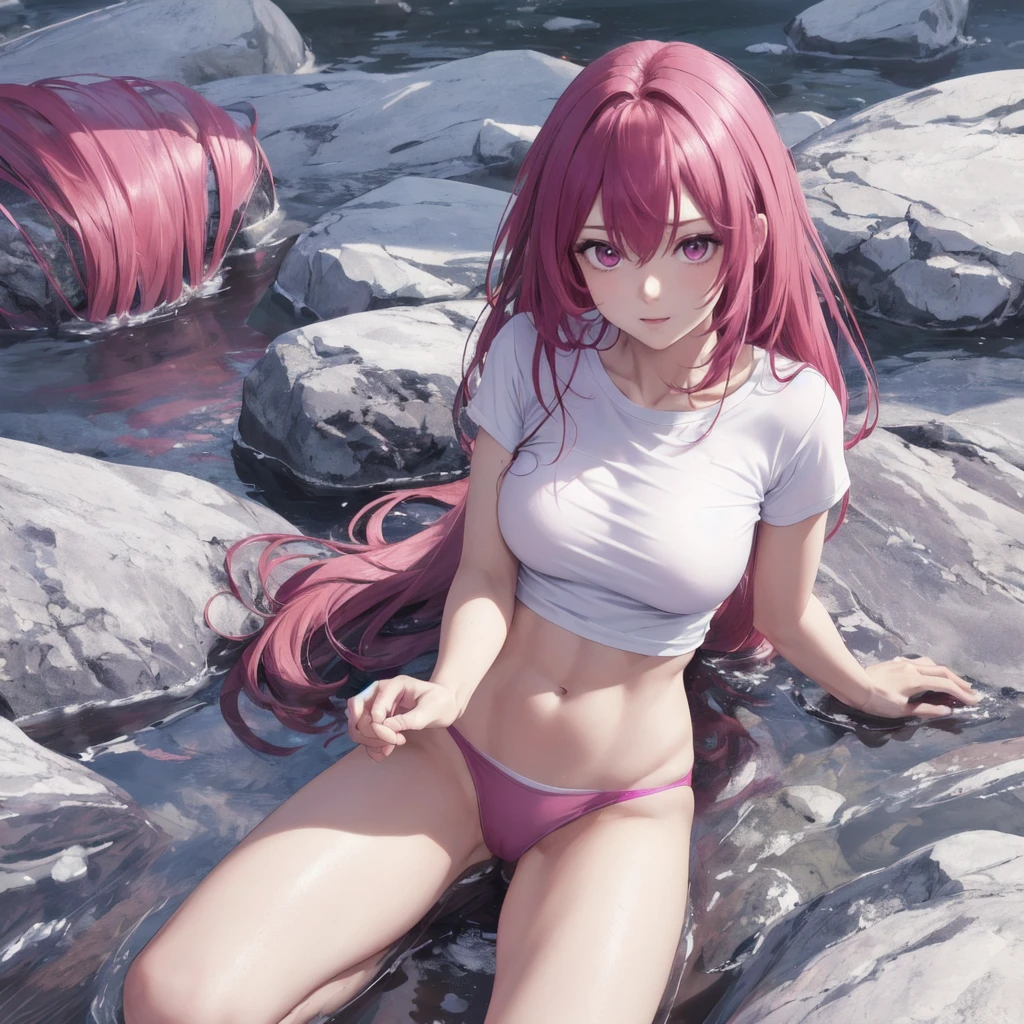 (8k photo, best qualityer) 1womanl, defined body, muslos grandes, t-shirt longa, pantyrose, hair ultra long, magenta hair, clear eyes.