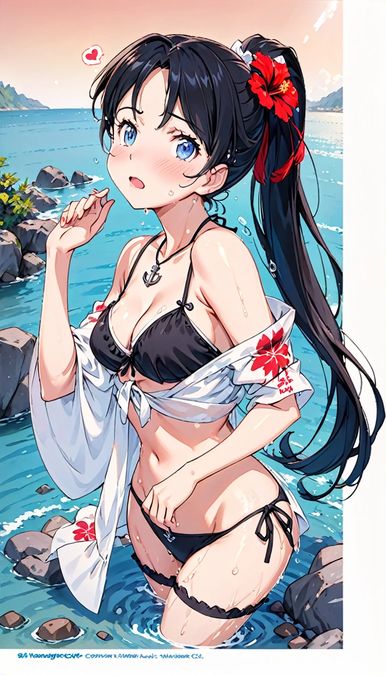 **Prompt:** "Draw an anime-style female character with the following characteristics. - **Hair**: Long black hair tied in a ponytail and adorned with a red hibiscus flower. - **Eyes**: Blue eyes, with a slight blush on her cheeks. - **Expressions**: , nsfw, (ecstatic:1.3), (slutty:1.2), (vulgarity:1.3), (fucked like a fool:1.1), (steamy:1.1), (wet:0.8), (trembling:0.8), (tears:0.7), (drooling:0.6), (sweat:0.8), - **Outfit**: nsfw, she is wearing a black bikini. The bikini top has thin straps and an anchor pendant on her chest. The bikini bottoms are also black and have the words "IRONBLOOD" written on them. She has a black left thigh garter. She is also wearing a light blue shirt that slides off her shoulders. The water makes her costume transparent. - **Body**: She has a toned physique with well-defined muscles in her chest and abdomen. Her skin has water droplets on it, making it appear wet. She has a large cleavage. - **Background**: There is a blurry water surface in the background, indicating that she is near water. There are stones and rocks in the water.