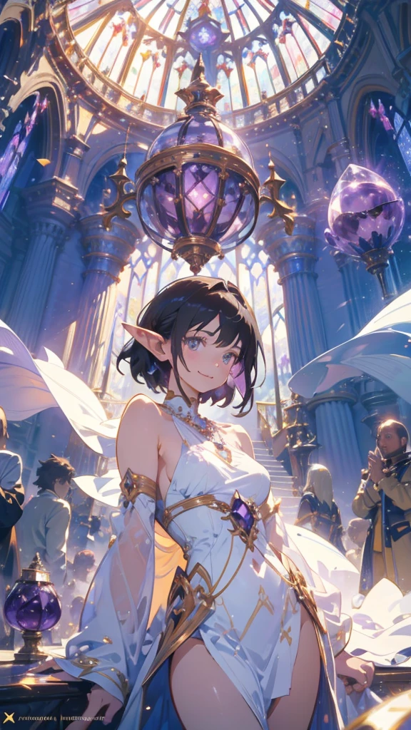 Female Elf Waist Shot, Convoluted, Slender face, Elegant, (Marin Kitagawa,huge smile),wearing an amethyst necklace, White light dress with strap, Facing Camera, Highly detailed, Digital Painting, art  stations, Concept art, Smooth, Sharp Focus, Illustration, art by artgerm and greg rutkowski and alphonse mucha, 8K, Volumetric fog, bloom, llight rays, lumen, Crank bokeh,rystallineAI,phcrysta,A mysterious space made of amethyst