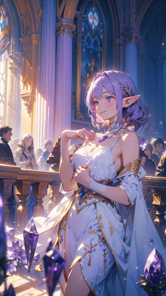 Female Elf Waist Shot, Convoluted, Slender face, Elegant, (Marin Kitagawa,huge smile),wearing an amethyst necklace, White light dress with strap, Facing Camera, Highly detailed, Digital Painting, art  stations, Concept art, Smooth, Sharp Focus, Illustration, art by artgerm and greg rutkowski and alphonse mucha, 8K, Volumetric fog, bloom, llight rays, lumen, Crank bokeh,rystallineAI,phcrysta,A mysterious space made of amethyst