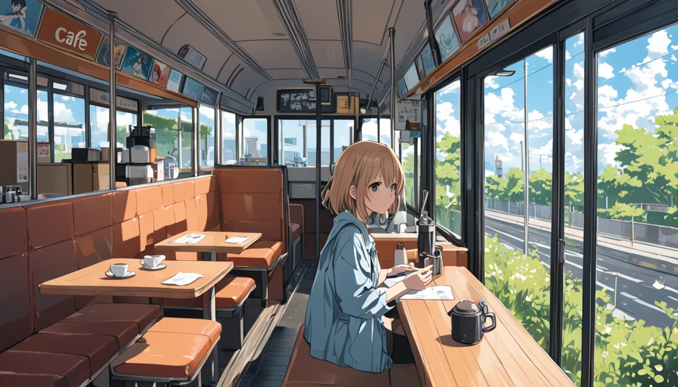 ((anime:1.4,figure)),(masterpiece, Highest quality, Highest quality),(Super detailed, The absolute solution),((16K, High resolution)), (((Cafe next to the bus))), ((anime:1.4,figure)),(masterpiece, Highest quality, Highest quality),(Super detailed, The absolute solution),((16K, High resolution)). break {Lofi Art, Laurie Griesley's style, Makoto Shinkai&#39;s Style, anime aesthetic}, break { (Generates images with over 40 million pixels of information with the detailed texture of films shot with Sony SLR cameras。).}