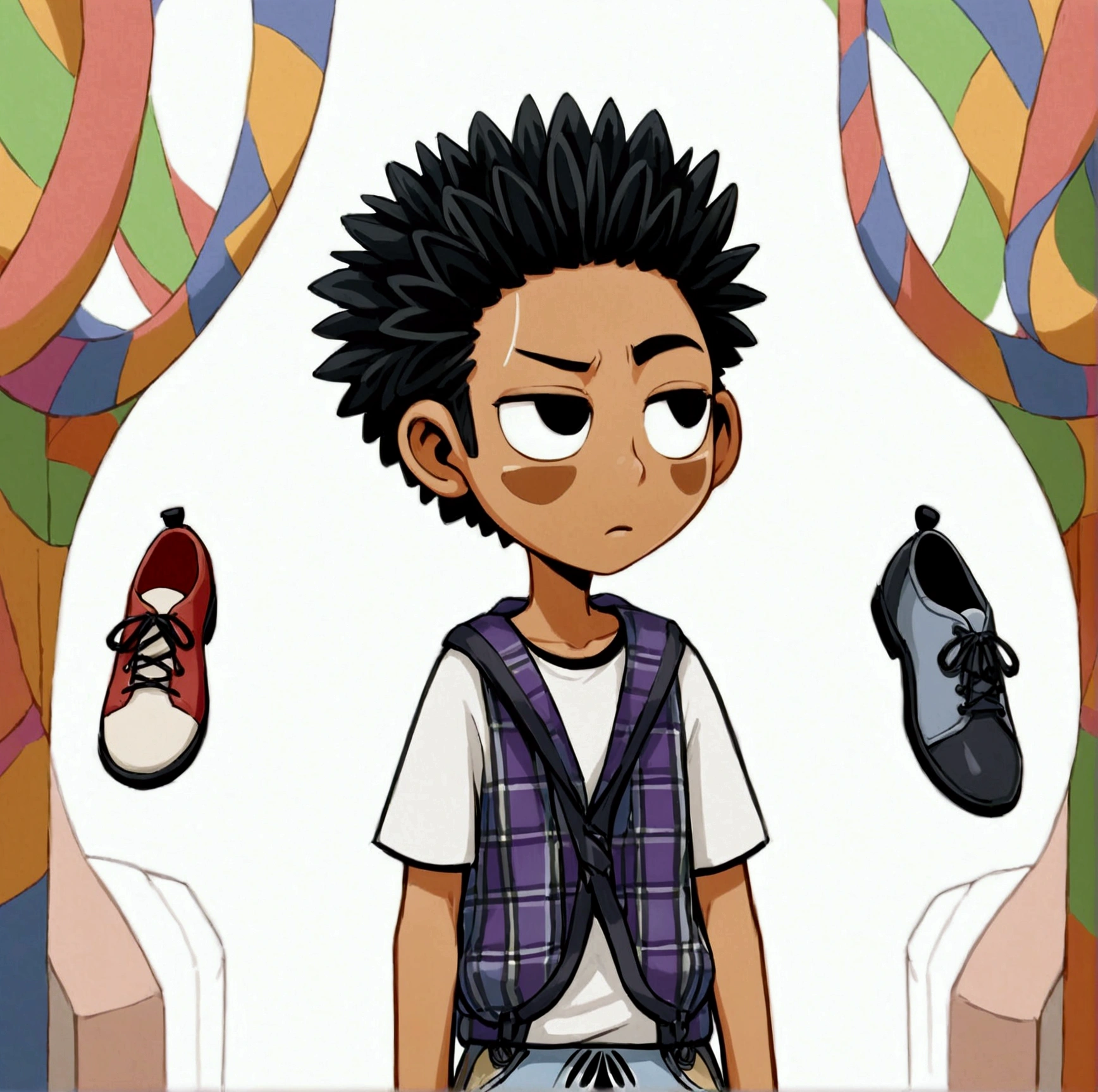 Crée une image de style cartoon représentant un adolescent avec des cheveux noirs et bouclés, portant un débardeur à carreaux par-dessus un t-shirt blanc et pourtant des chaussures de couleur rouge