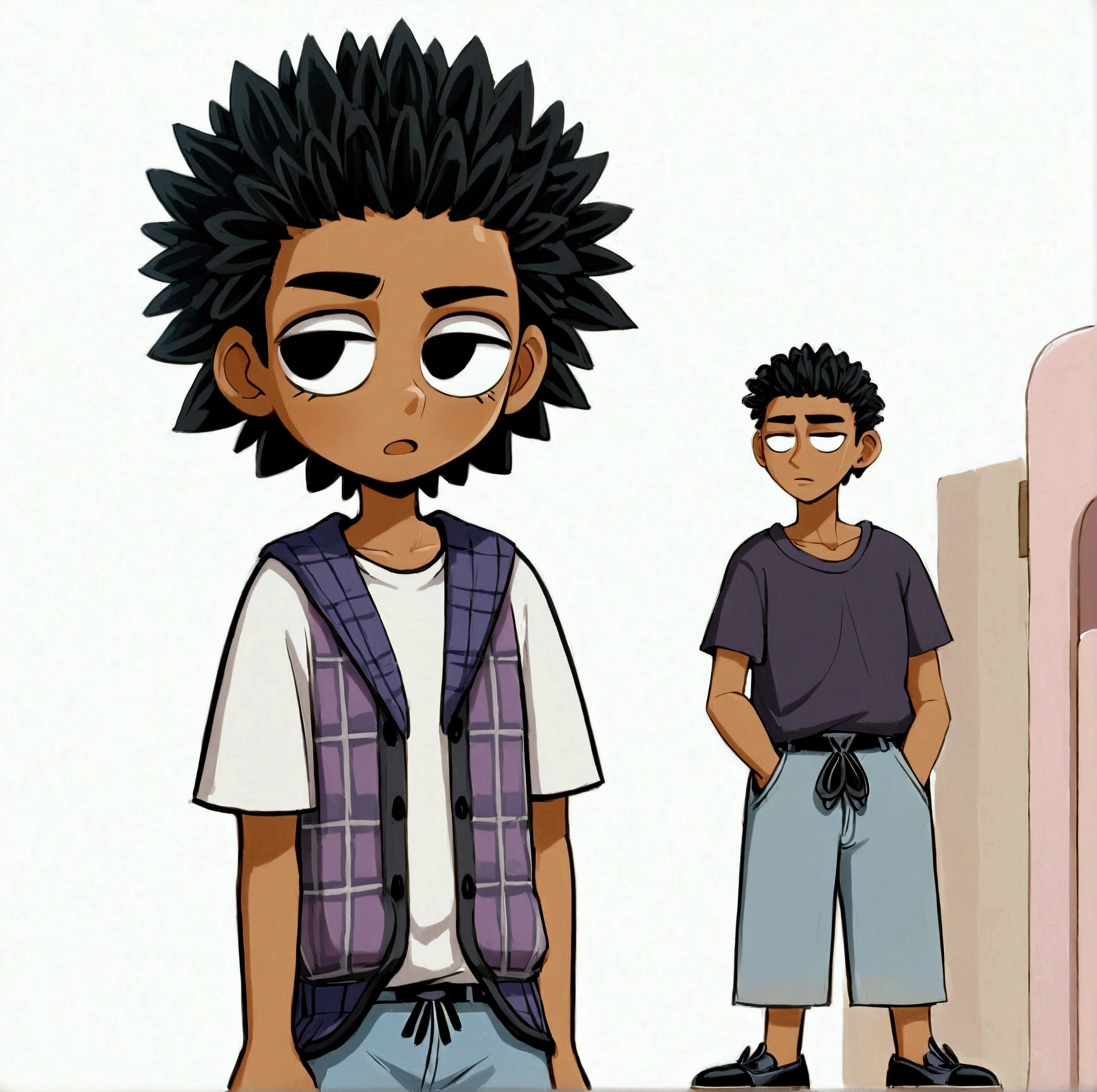Crée une image de style cartoon représentant un adolescent avec des cheveux noirs et bouclés, portant un débardeur à carreaux par-dessus un t-shirt blanc et pourtant des chaussures de couleur rouge