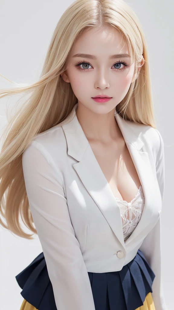 (((White background、rim light、lighting forward、shoot from above、uniform、high school girl、mini skirt、blouse、blazer、forehead、White Blonde、Blonde、White Background、whole body、Up to the waist)))、Northern Europe、Russia、beautiful girl、Platinum Blonde Hair、Straight Long Hair、Big Blue Eyes、Northern Europeの若者、Glowing Skin、Young and beautiful skin、A perfect and beautiful little face、Bright makeup、Pale pink lips、Bright expression、lipstick、Intricate details、High resolution、 Detailed features of face design、Big Breasts、face-friendly lighting