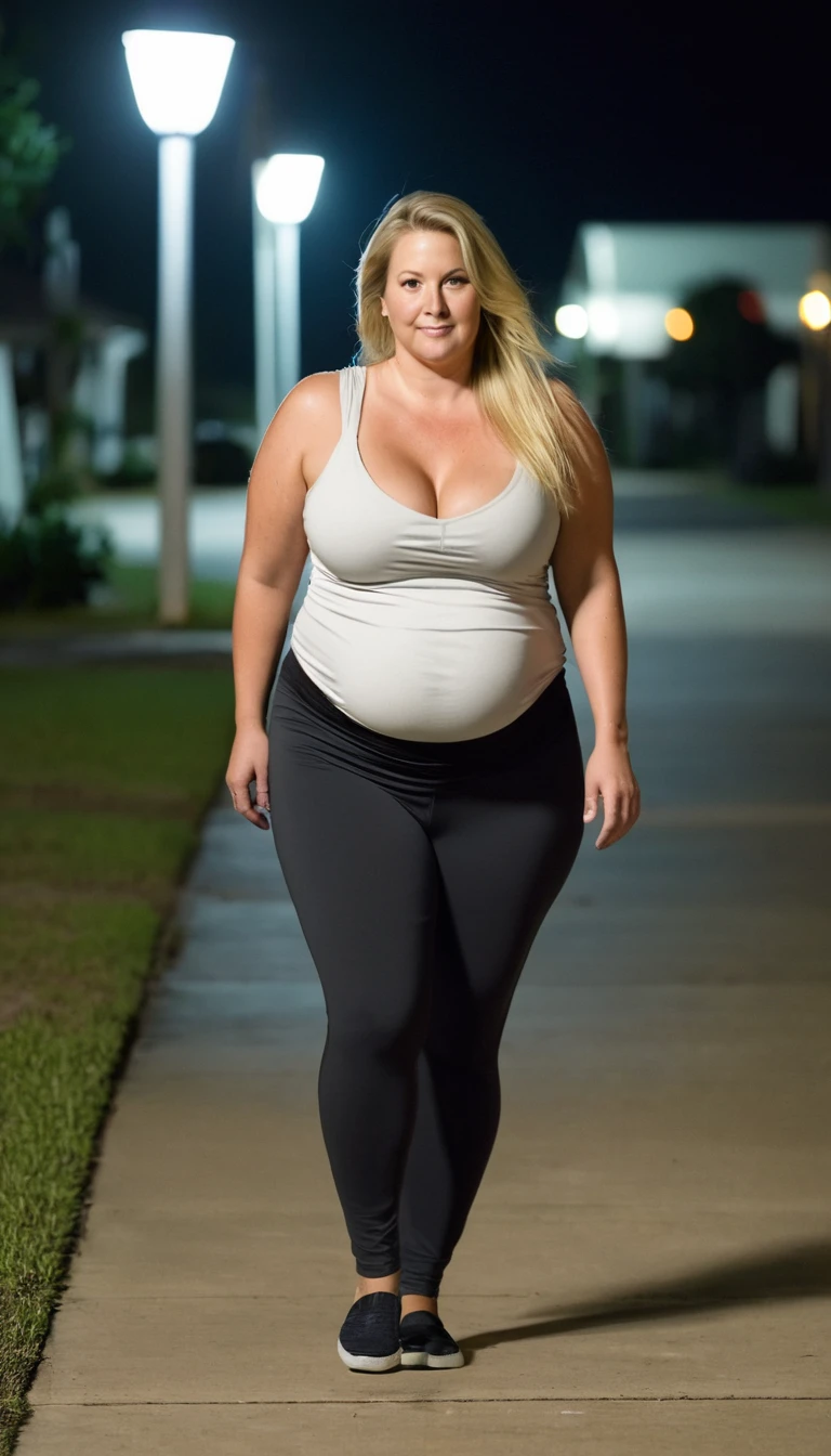 Chubby woman, 40 years old white Caucasian woman walking outside, night time, Mississippi, Gulfport, summer night, long straight blonde hair, cleavage, lazy dressed, big hips, thick thighs, casual clothed, big breasts, leggings pants, t-shirt, hard nipples 