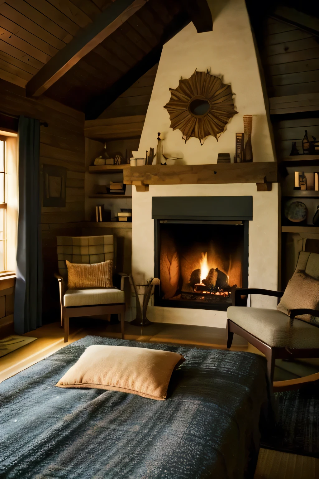 There is a small bed in front of the fireplace in the room., Cozy environment, Cozy and serene atmosphere, Cozy and calm, Cozy place, Cozy fireplace, Cozy atmosphere, Warm fireplace, Irori fireplace, Cozy rooms, Warm interior, Cozy living room, Warm living room, Designed for comfortable beauty!, Medium full shot, in a cabin