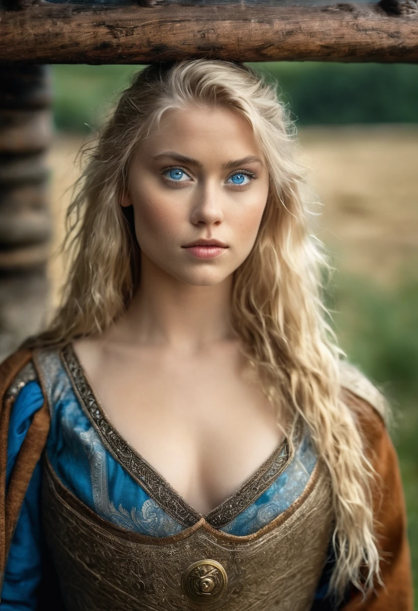 (masterpiece), best quality, expressive eyes, perfect face, viking, young woman, blond hair, blue eyes, nude, standing infront of a mediaeval bed, no clothes, nude, angry expression