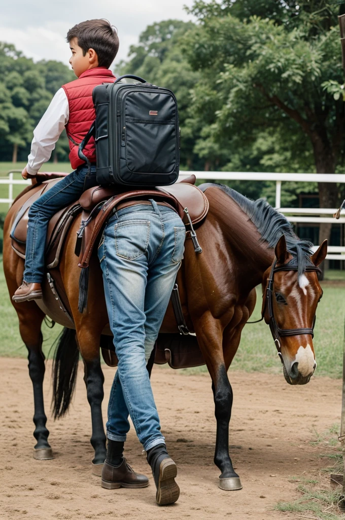 A young boy who put luggage on horse back and he stand backside of a horse