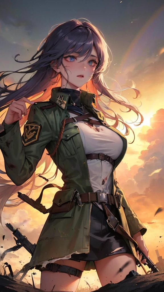 (Top resolution、Distinct_image)top-quality、A girl、​masterpiece、highly detailed 、Semi-realistic、grey eyes 、18year old、dark purple hair,young 、Exquisite facial features、Facial features ,variation potrait, big breasts, injured, ruined city background , long  hairstyles, zombies apocalypse, teenage, cool , cold sharp eyes, survivor,war soldier, An expression of despair., Torn clothes, destroyed clothes, damaged clothing, all dirty, dirty, dirt, lifeless eyes, blood on face, Battlefield and Destruction, bomb bomb, A distant plane drops a bomb., trench, tank, {Very detailed 8k CG unit wallpaper}, expansive landscape photography, (Low perspective, emphasizing the characters and setting), (Wide open field view), (Low-angle shooting), (high light : 1.0), (low beam: 1.5), (warm light source: 1.5), complicated details, (rainbow colors: 1.0), (Bright light), (Atmosphere light), Surreal, Dreamer, calm