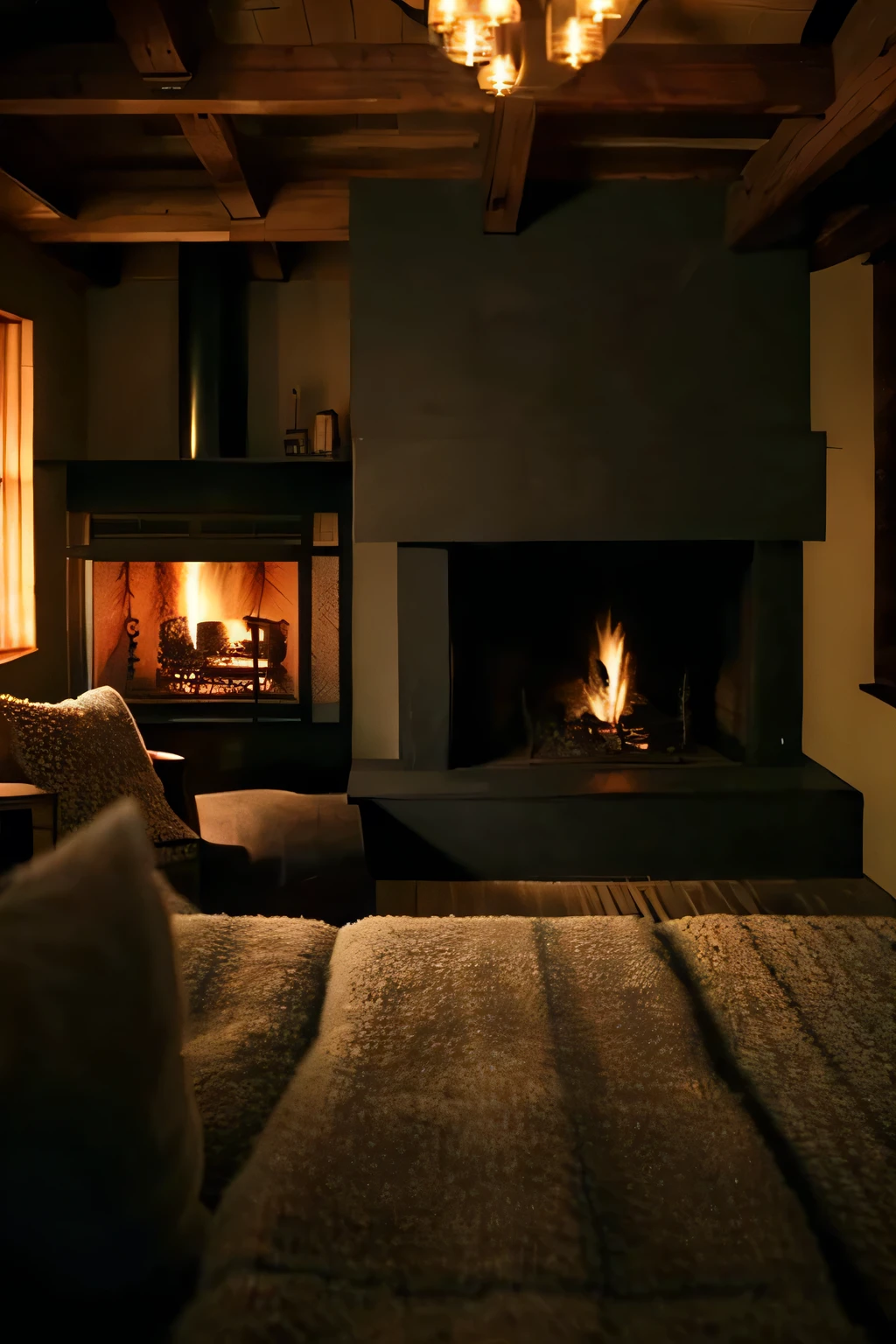 There is a small bed in front of the fireplace in the room., Cozy environment, Cozy and serene atmosphere, Cozy and calm, Cozy place, Cozy fireplace, Cozy atmosphere, Warm fireplace, Irori fireplace, Cozy rooms, Warm interior, Cozy living room, Warm living room, Designed for comfortable beauty!, Medium full shot, in a cabin