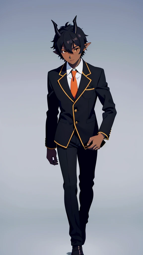 (1boy,20 years old,solo),((dark skin)),short hair,black hair,elf ears,(horns),orange eyes,(no background, simple background),necktie,black jacket, blazer,long sleeves,pants,full body,walking