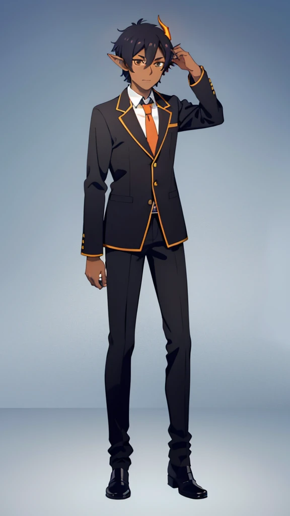 (1boy,20 years old,solo),((dark skin)),short hair,black hair,elf ears,(horns),orange eyes,(no background, simple background),necktie,black jacket, blazer,long sleeves,pants,full body,walking