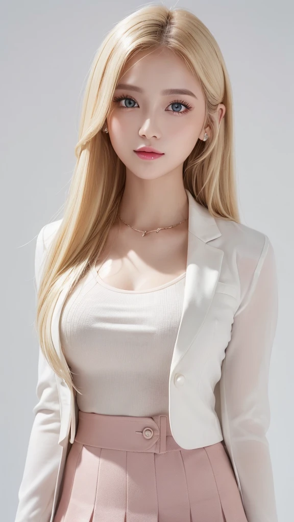 (((White background、rim light、lighting forward、shoot from above、uniform、high school girl、mini skirt、blouse、blazer、forehead、White Blonde、Blonde、White Background、whole body、Up to the waist)))、Northern Europe、Russia、beautiful girl、Platinum Blonde Hair、Straight Long Hair、Big Blue Eyes、Northern Europeの若者、Glowing Skin、Young and beautiful skin、A perfect and beautiful little face、Bright makeup、Pale pink lips、Bright expression、lipstick、Intricate details、High resolution、 Detailed features of face design、Big Breasts、face-friendly lighting