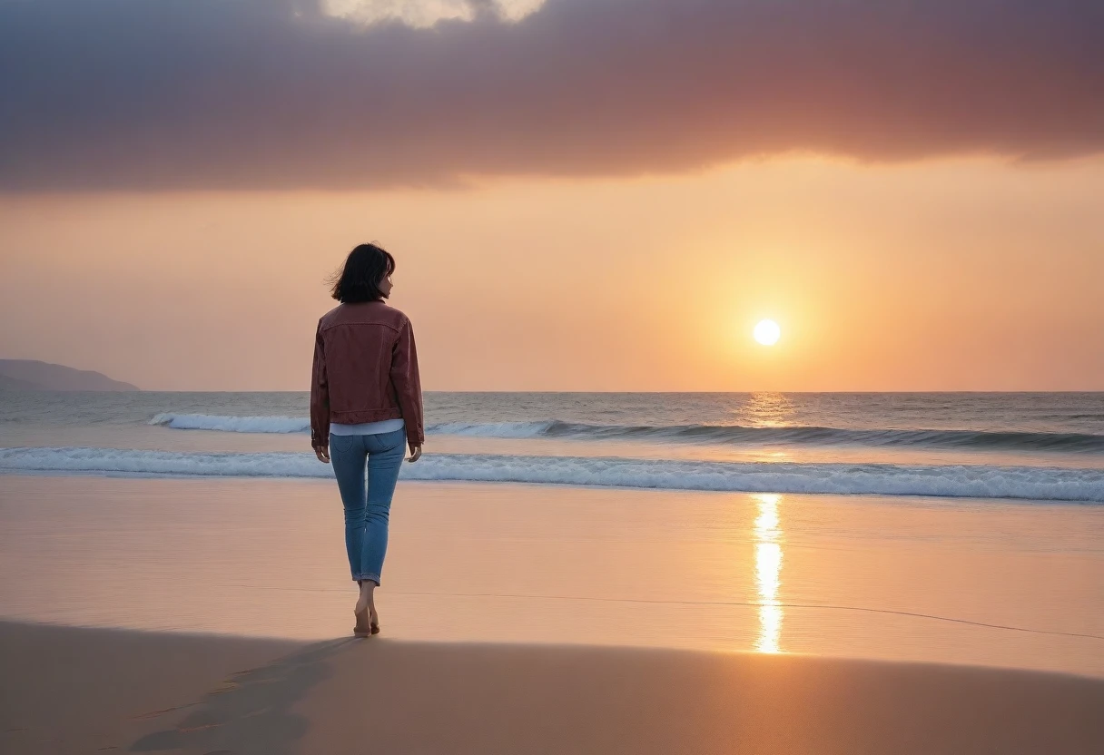 8K, Vivid picture quality, desolate long beach, Walking on the beach in the distance, short hair woman, red light of sunset, alone, afternoon, depressed, tide가 밀려온다, ocean, tide, wind, short korean woman, 잔잔한 tide, Perfect photos with vivid image quality, Wear a casual jacket and jeans