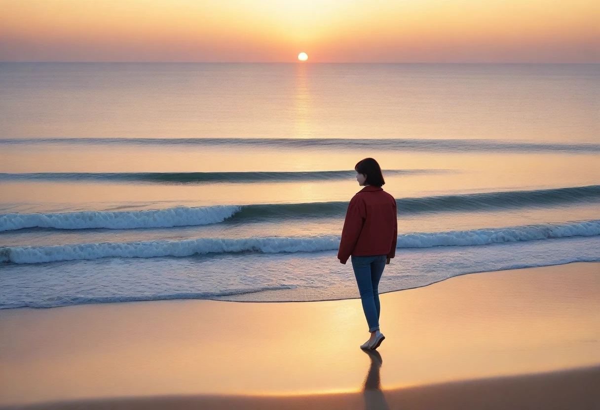 8K, Vivid picture quality, desolate long beach, Walking on the beach in the distance, short hair woman, red light of sunset, alone, afternoon, depressed, tide가 밀려온다, ocean, tide, wind, short korean woman, 잔잔한 tide, Perfect photos with vivid image quality, Wear a casual jacket and jeans