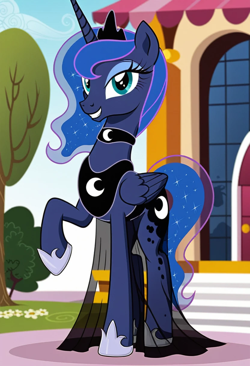 Pony . Black see trough dress with black choker, Princess Luna smiling