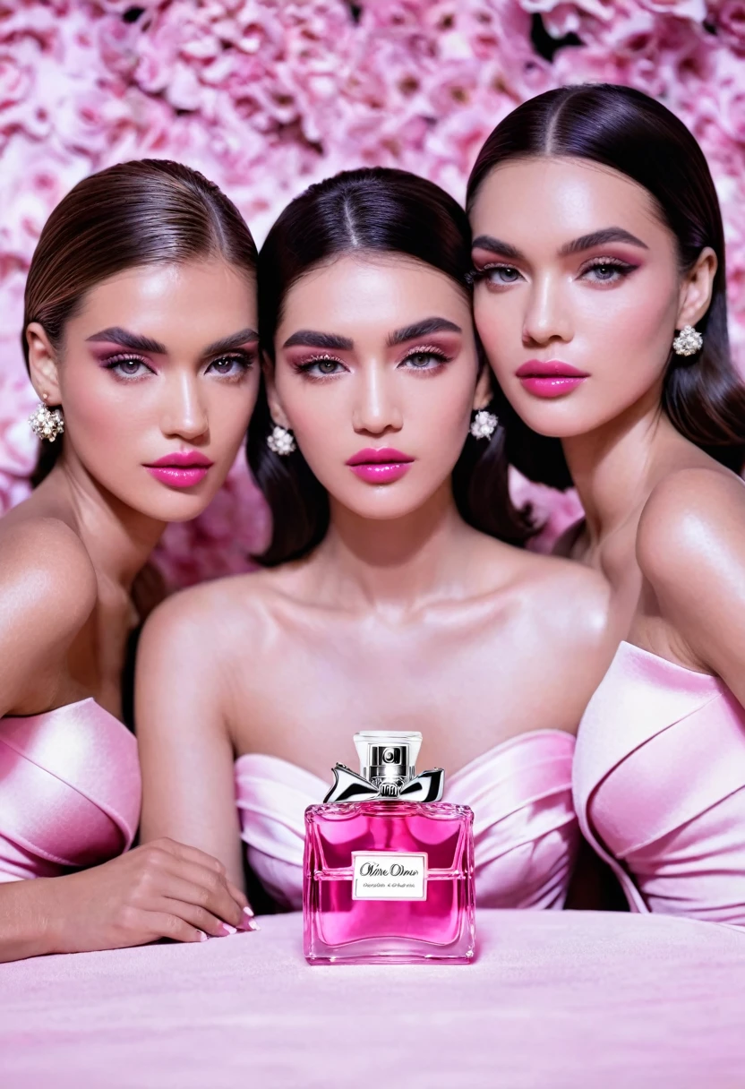 Three beautiful and elegant women looking at the camera, pink Dior perfume propaganda