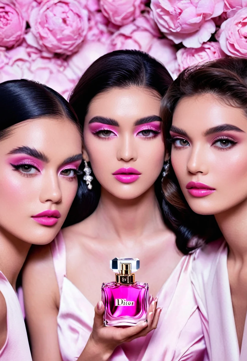 Three beautiful and elegant women looking at the camera, pink Dior perfume propaganda