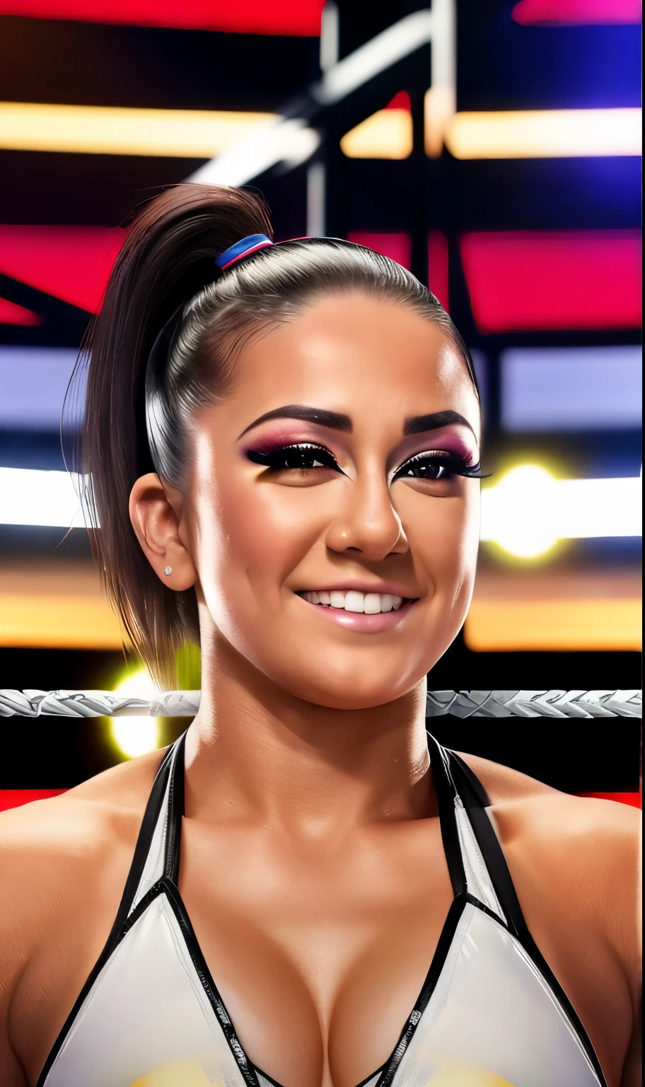 bayleywwe2023, closeup, focus on eyes, 1girl, 8k, uhd, trending on arstation, award winning art, best quality, masterpiece, photorealistic, raw image, perspective, depth of field, cinematic lighting, dramatic lighting, smile, skin pores, mascara, nude,