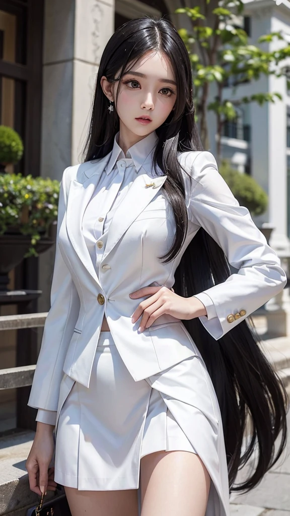 woman, กระโปรงสั้นwhite, คลุมเสื้อsuitwhite, skirt only, (สาวสวยTwo meter long hair, my hair is very long., extra long hair, long black hair), (suitสไตล์อิตาลี, suitสองปุ่ม), (Italian suit, white suit, Set of two buttons), (ใส่suitwoman, Business woman'suit, white), (suitwomanwhite), (เสื้อเชิ้ตwhite), necktie, (necktieสั้นสีดำ, necktieสีดำ, necktieผอม, ถักnecktie), (military rank insignia), (Short pencil skirtwhite), (Dynamic posts), full body, (A gigantic rift), (big breasts, thin body, small waist, hips raised, small thighs, Long legs), high-heelsสีดำ, (Short pencil skirt, white), Wearing a suit for a business woman, (Wearing a white businessuit, suitนักธุรกิจหญิงwhite), (tight, military regalia, เสื้อwhite, กระโปรงwhite), (black shoes), (Two gold suit buttons, Two meter long hair, suitเข้ารูป, เสื้อsuitwhiteทรงธรรมดารัดรูป), (black shoes, high-heels), (stand, walk, elegant gesture, Dynamic posts), short dress, earring, garden, monument