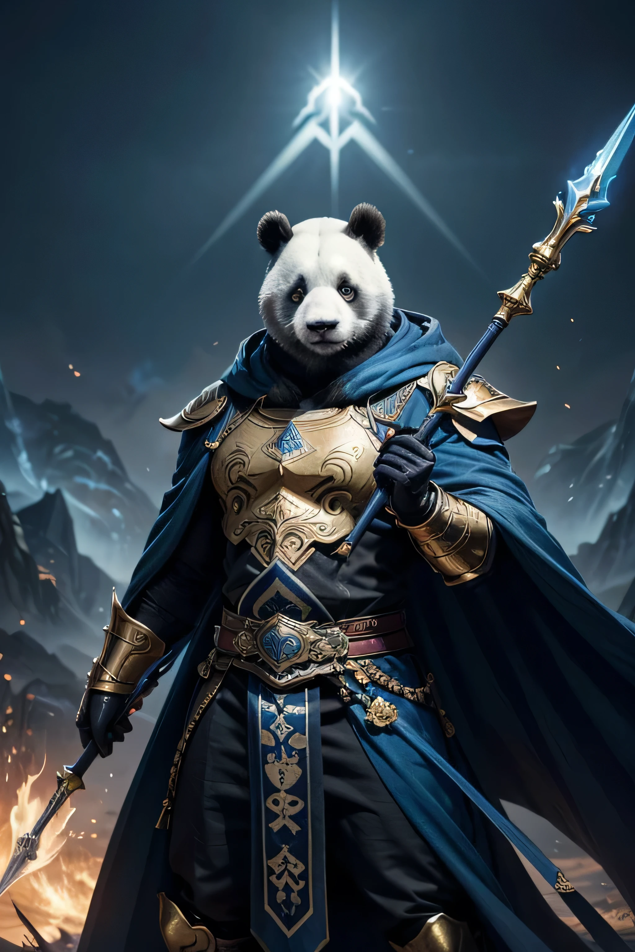 Draw an anthropomorphic panda, robust and muscular, with a fierce and determined countenance. He is wielding an elegant spear in one hand and a staff of radiant light in the other.. Dressed in a blue legendary outfit, similar to police armor, adorned with golden details and mystical insignia. The panda is in a heroic pose, with the wind gently blowing his long cloak as he intently watches the horizon.