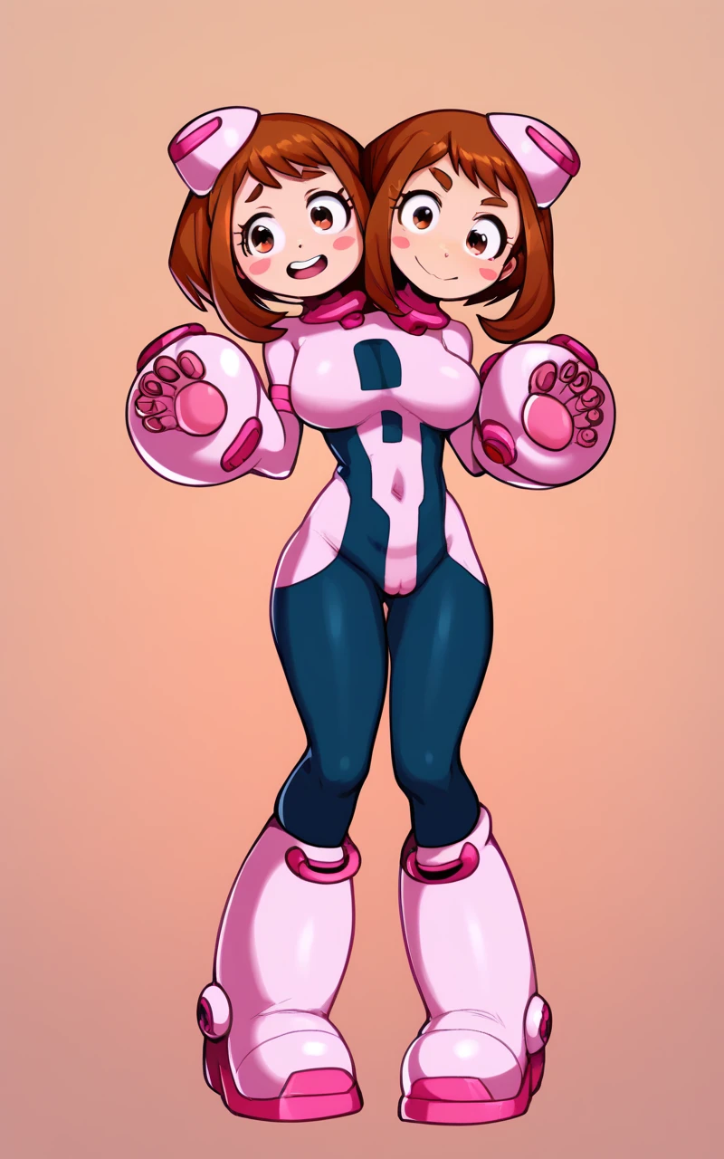 1girl, two heads, conjoined,solo, Uraraka Ochako, thick_eyebrows blush_stickers, brown_hair, brown_eyes, short_hair, sideburns, shiny hair, medium breasts, skindentation +++ :D +++ OchaCos, bodysuit, fingertip paw pad, white high-heels boots, arms wear, black tights, headgear Spirit Realm, score_9, score_8_up, source_anime