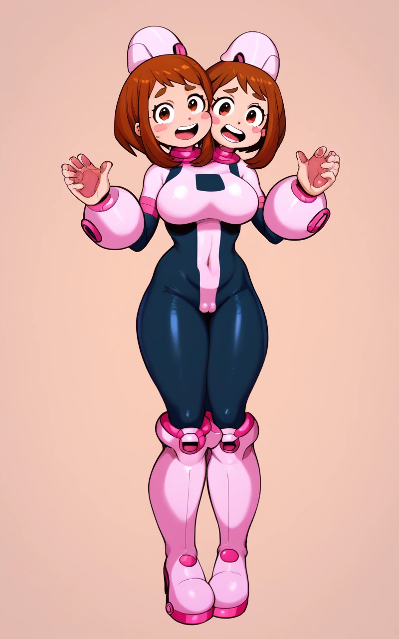 1girl, two heads, conjoined,solo, Uraraka Ochako, thick_eyebrows blush_stickers, brown_hair, brown_eyes, short_hair, sideburns, shiny hair, medium breasts, skindentation +++ :D  +++ OchaCos, bodysuit, fingertip paw pad, white high-heels boots, arms wear, black tights, headgear  Spirit Realm, score_9, score_8_up, source_anime