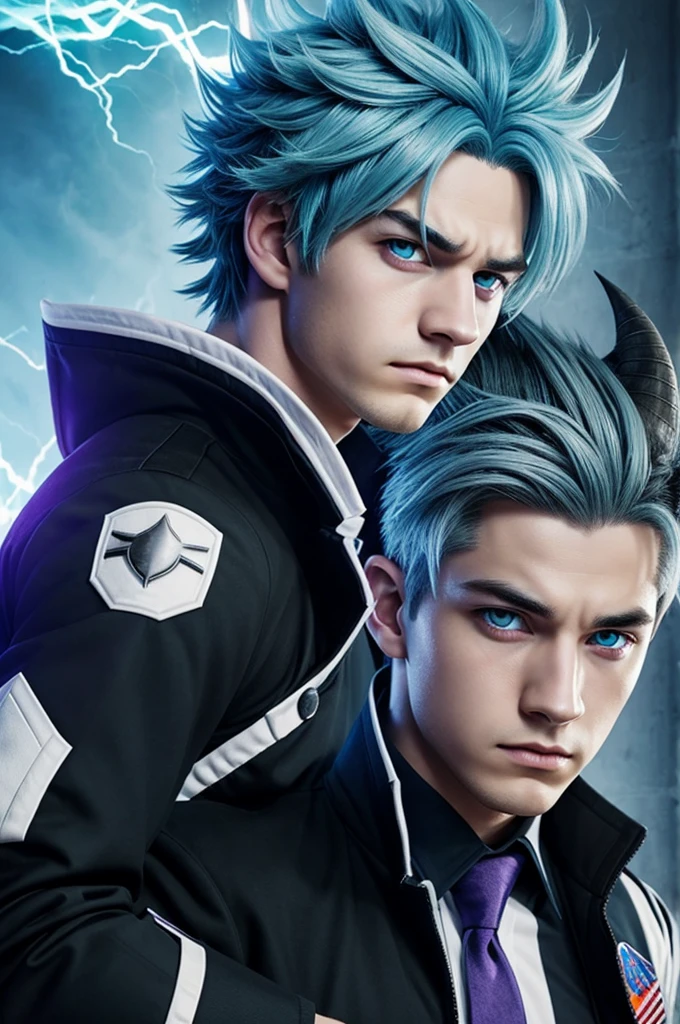 my hero academia, light blue and dull hair, dull black eyes, male gender, pale skin, black horns with a purple fire on the sides, a somewhat serious look and has the AU uniform