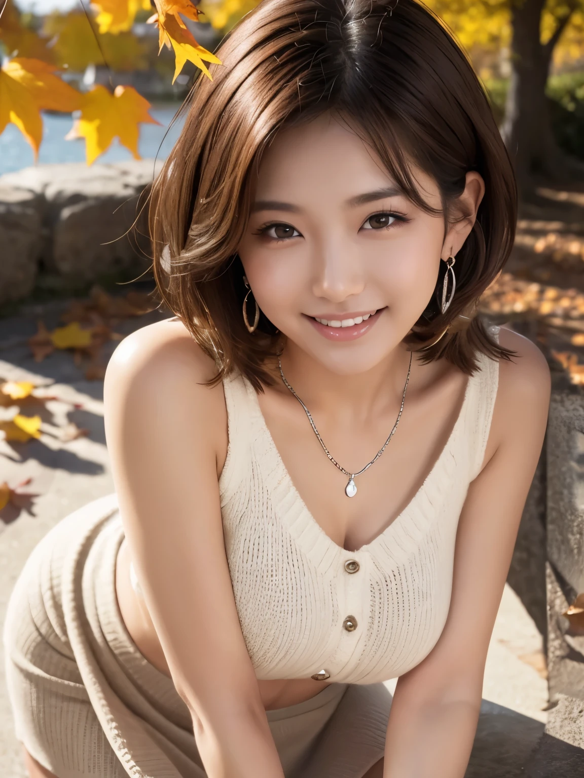 ((Knitted sweater、mini skirt)),((Highest quality)),((smile)),((short hair)),Realistic, Very detailed, In detail, ((High resolution)), 8K,((Booty pose)),Beautiful, well-shaped eyes,(Korean women),((sexy)),Beautiful Skin,Detailed face,(Glamour),Brunette colored hair,20th Generation,Bust size: 87cm,((autumn leaves、Fallen leaves、Vast Nature))、Silver Necklace、Earrings、Bright sunshine