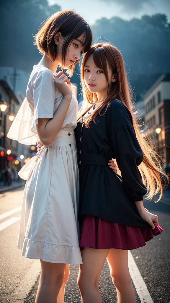 (Natural strawberry blonde and redhead girls with pretty faces), Cute pose, wearing a button dress, Atmospheric, Dark atmosphere, Edge lighting, Sayaka Yamamoto, Saito Asuka, Mao Akiyama's facial features, 8K, Full 体 portrait, Elegant outfit, Natural light, Spooky greenhouse at night, Sharp focus, (Highly detailed eyes and face:1.2, Professional photography techniques), (Beautiful small face, beautiful girl, high , Idol Face, Baby Face:1.4)Happy, K UHD, Beautiful and soft skin, Vibrant Skin, blush, (Chirarizum:1.3, Unbutton the dress:1.5), ((Beautiful breasts:1.3, Cleavage)), (Small beautiful butt), (Detailed hands:1.1, The optimal ratio is four fingers to one thumb), Perfect proportions, (Perfect Anatomy:1.3), (Highest quality, Masterpiece, Highest quality, Ultra high definition, Photorealism:1.4), ((Kiss on the chest:1.4)), (Beautiful hair blowing in the wind:1.4)
