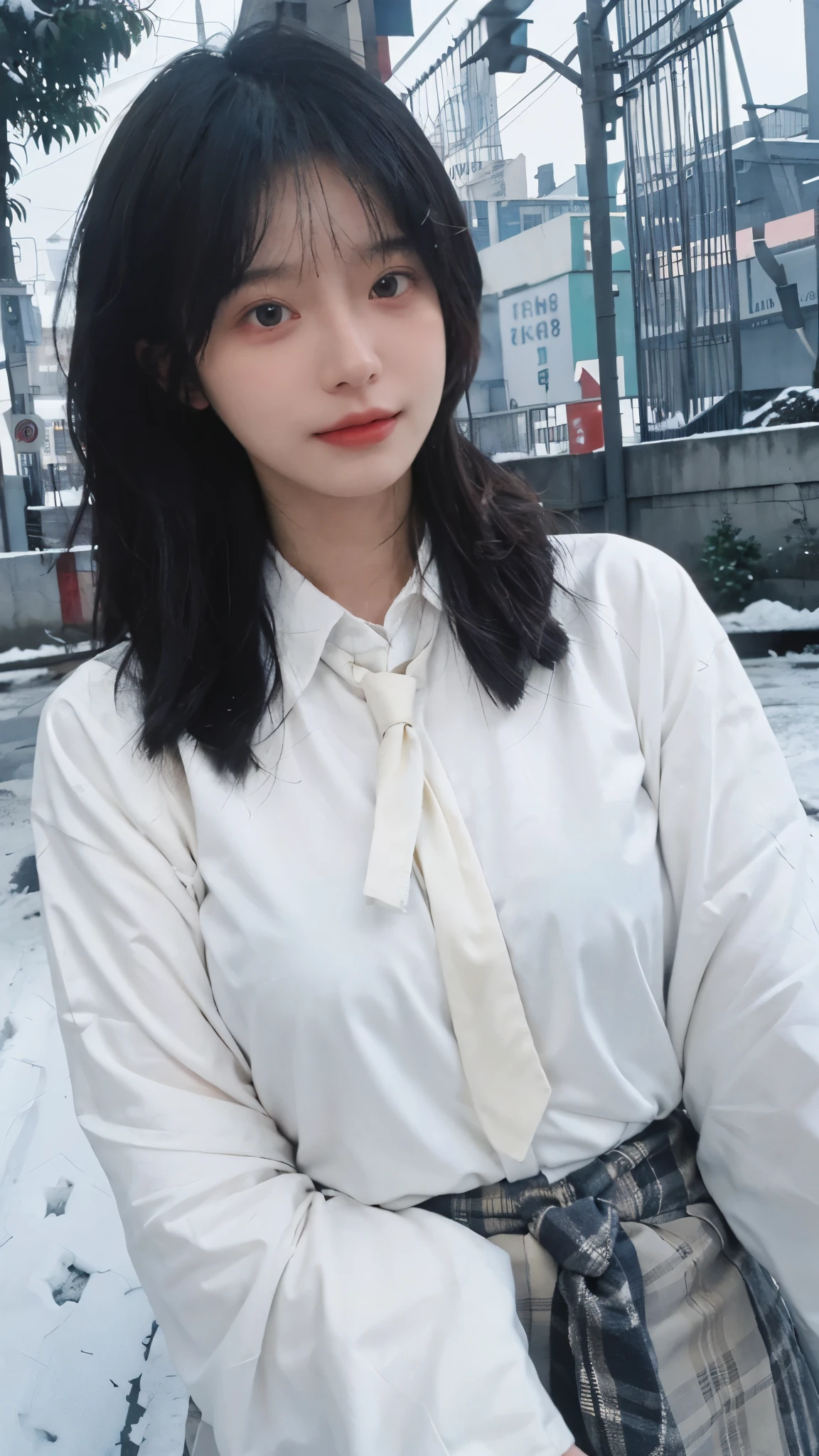 Best quality,masterpiece,Ultra-high resolution,snow,16K,Snow background,(Photo Realism:1.4),1 Girl,JK,Sexy,(Shirt and Tie:1.2),(Big breasts:1.3),(Upper body:1.4)