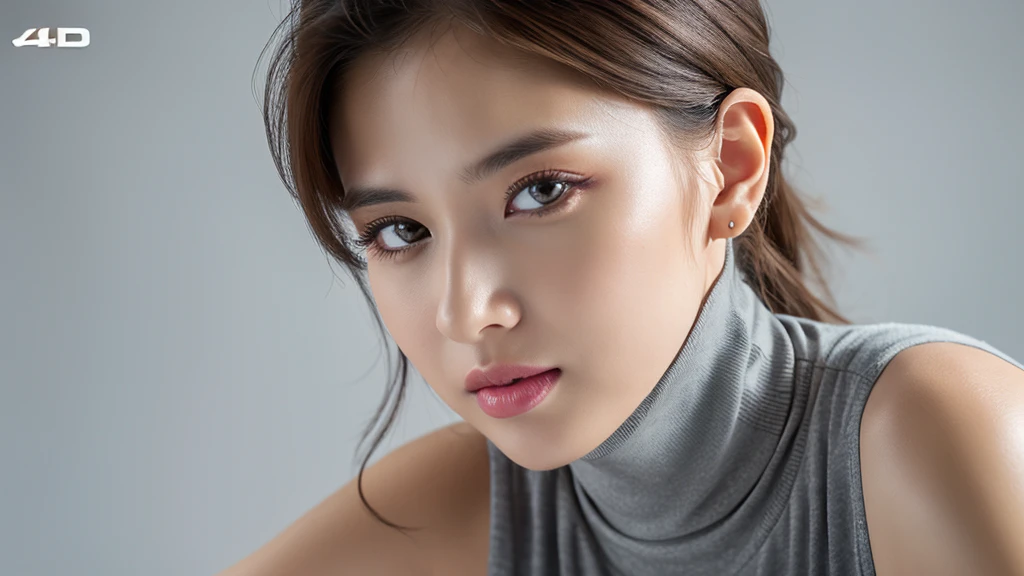 (detailed face),VIVID,breasts,pretty,sleeveless and turtle neck white silver clothes,4k ,super high resolution ,(photo-realistic: 1.7),gray background,