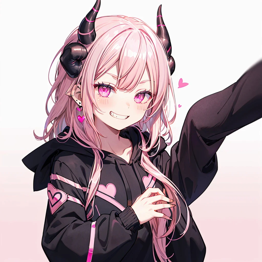 ((((Jagged　Open your mouth　Grin　Pink Background　shining heart　front))))　(((Black hoodie　Wearing a hood　Demon Horns　Heart Iris　Close-up　Pink Hair　Long Hair　Making a heart with both hands)))　((Shiny earrings　Small black ribbon))　Shining Edge　Shining Background