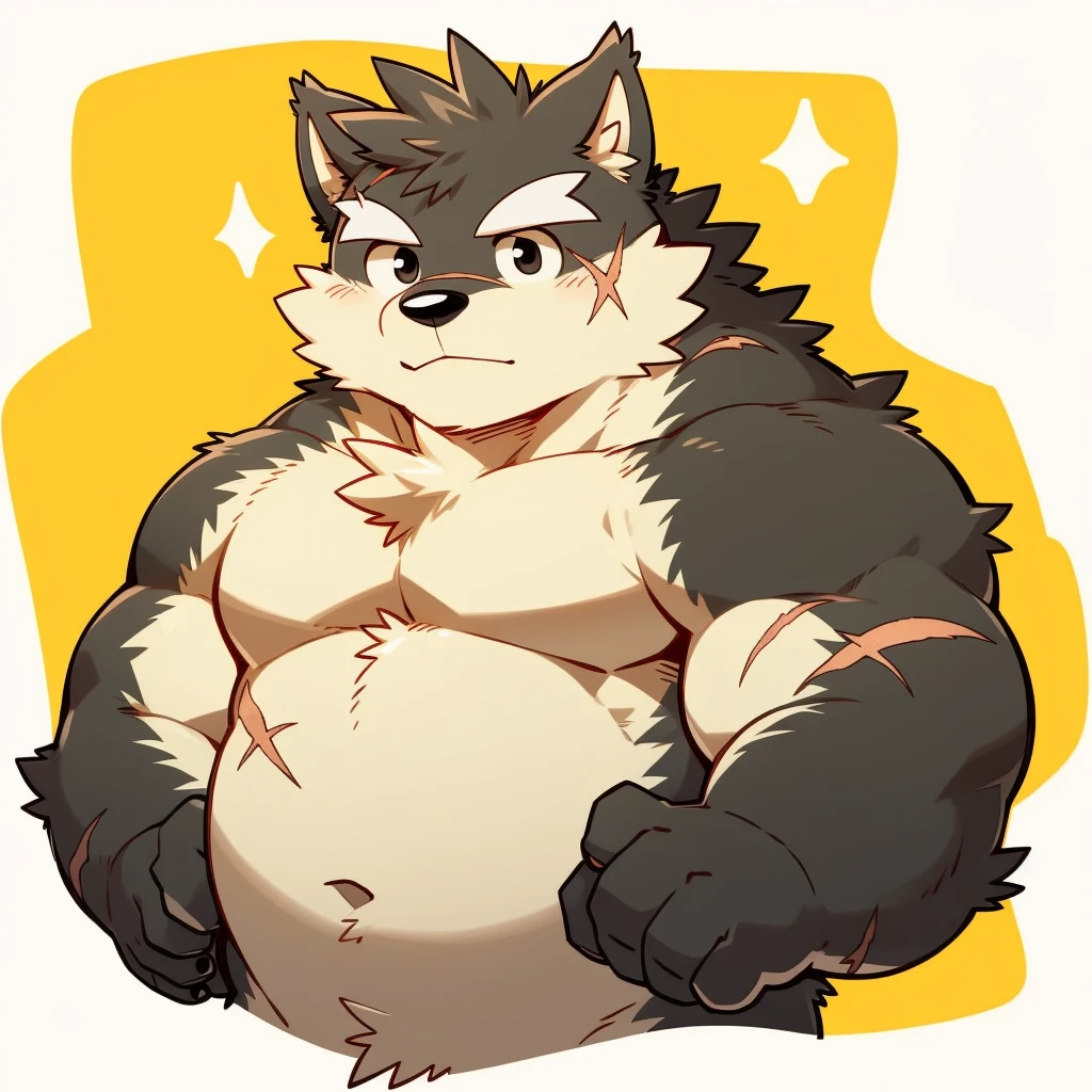 Scribble 黑色柴dog face,Cute face,Humanity(dog),(Topless:1.3),Chubby,(White eyebrows:1.1),(Perfect black eyes),（artist:Takemoto Arashi），Simple background，scar。