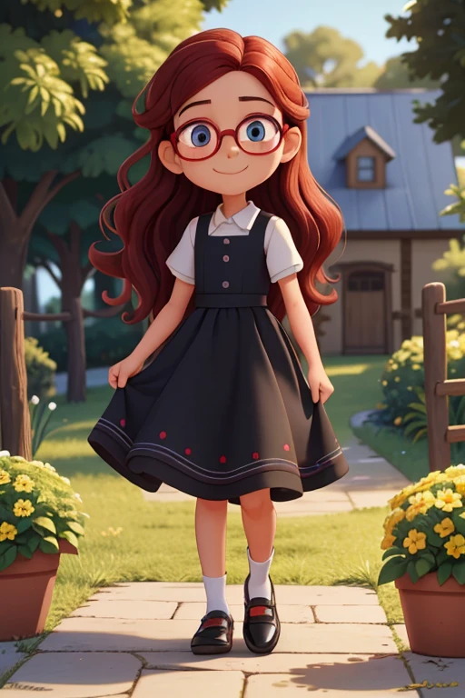 seed number 852319 an 8 year old boy called Bernado wearing glasses, with brown eyes and black hair arrived at the farm with an expression of happiness and was welcomed by his two cousins. Isabela, 9 years old with long blonde hair and blue eyes in a long red dress, wearing black shoes with an expression on her face of happiness when she saw her cousin and her 8-year-old sister called Heloísa with long red hair and green eyes, shoes black dress and long yellow dress, curious and happy to see her cousin arrive. Character consistent in the style of a pixar fairy tale animation. 3d pixar animation