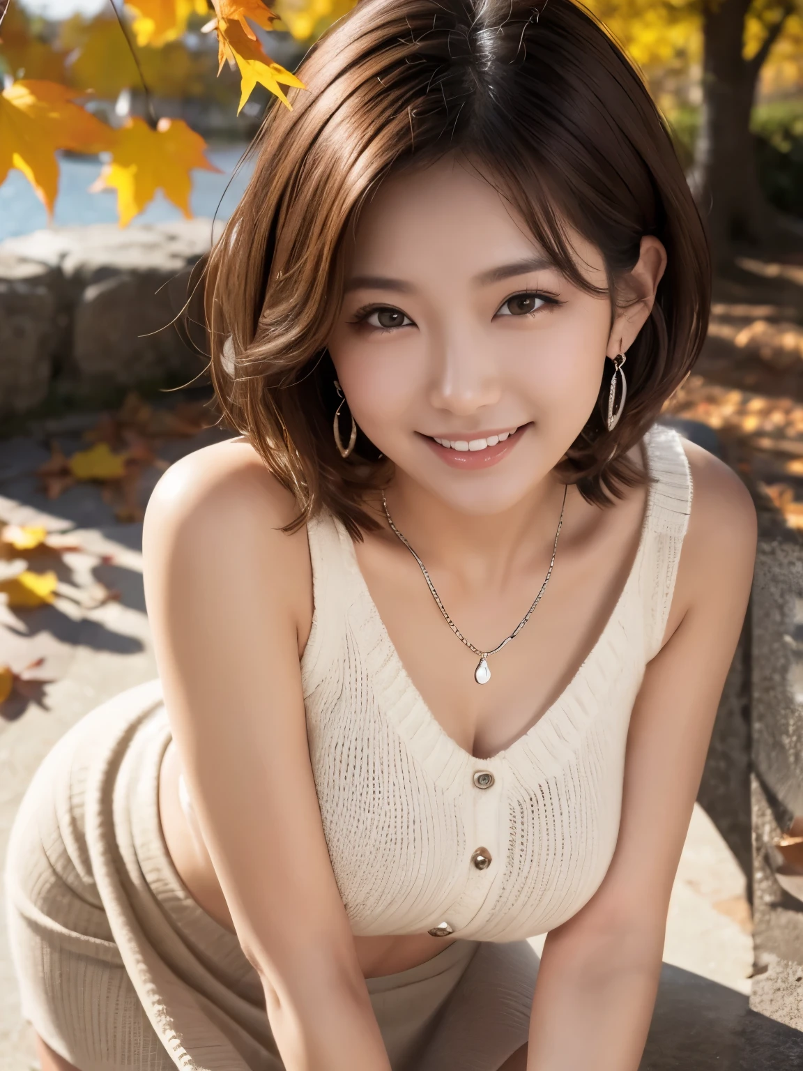 ((Knitted sweater、mini skirt)),((Highest quality)),((smile)),((short hair)),