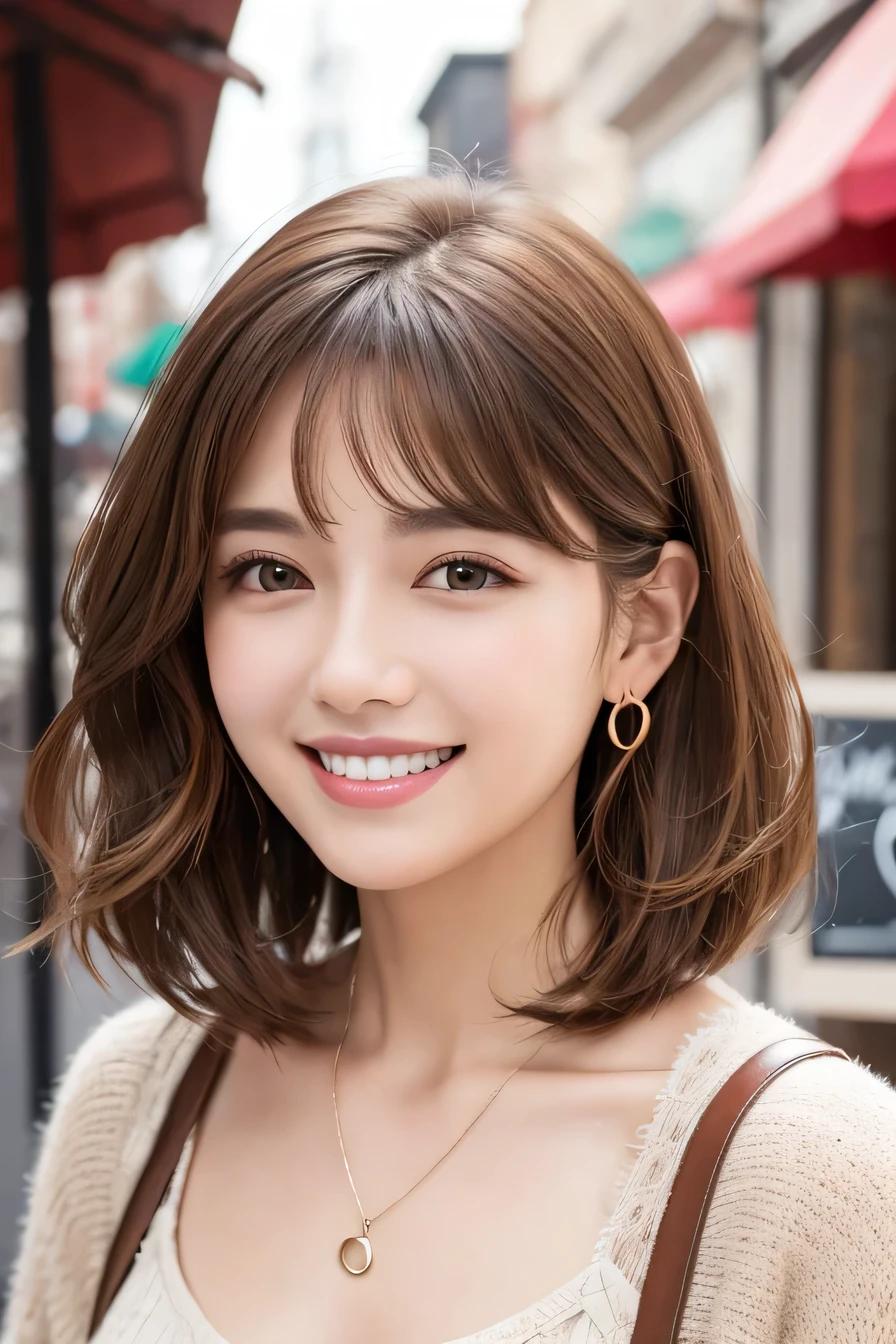 Light brown hair、Clear beauty、Short Haircut、Wavy Hair、coat、Ear piercing、Necklace around the neck、smile、Beautiful teeth alignment、Intricate details, Very detailed:1.2), 、 Looking into the camera、The background is a coffee shop