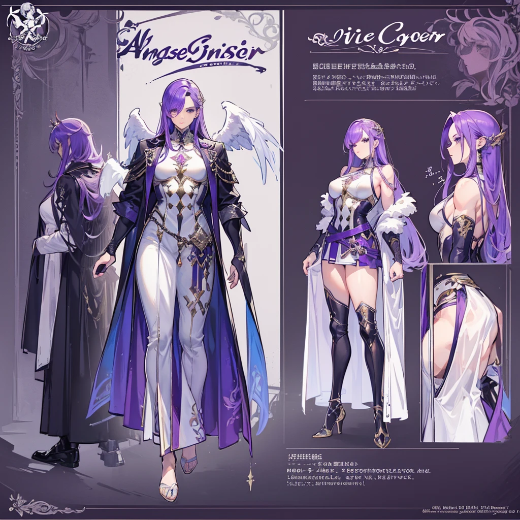 (Masterpiece, best quality), detailed, 1 man, ((character concept art)), ((character design sheet, same character, front, side, back)), full body, body complete, 1 Male angel, 1 Man angel, Detailed face, character design sheet,full bodyesbian, Highly detailed, character sheet, character design, Many parts, dark skin, angel wings, long purple hair, angel outfit, muscle male god, male clothes, masculine, muscle man, male muscle, manly, male angel, Muscle male with long purple hair,beautiful man, beautiful muscle man