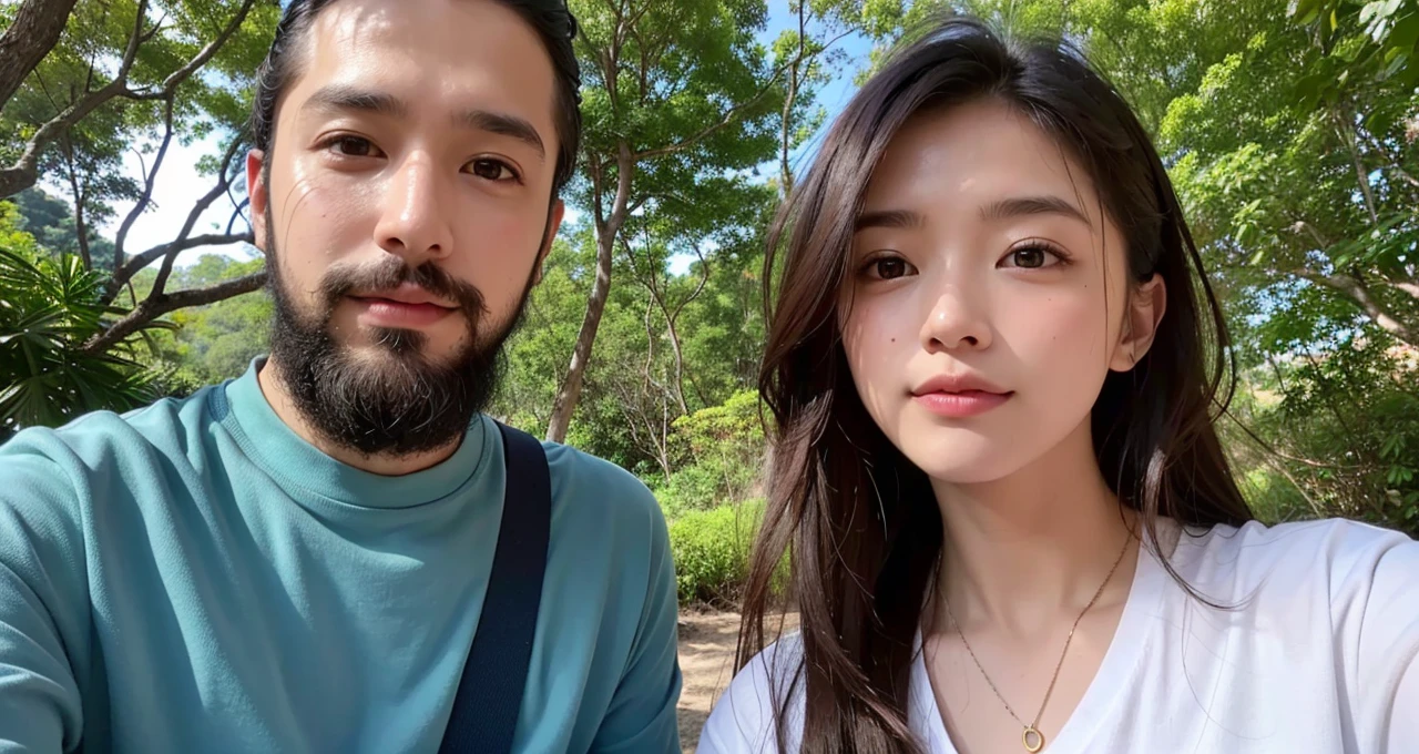 Vibrant forest scene, colorful trees in varied hues, deep blue sea backdrop, a loving couple in their twenties, young woman with sandy brown hair, bluish-gray eyes, short stature, delicate freckles, young man with short dark black hair, long black fish beard, Middle Eastern features, wheat complexion, dark brown eyes, athletic build, romantic expressions, lush greenery, rich blue sea, detailed natural setting, warm and inviting ambiance, genuine emotions, digital painting, high resolution, bright and vibrant color palette, soft natural lighting.