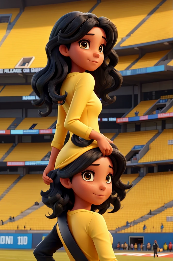 image of woman with black hair in waves, from behind watching football in the stadium with the yellow shirt of the Colombian team marked with the number 10 and MAY