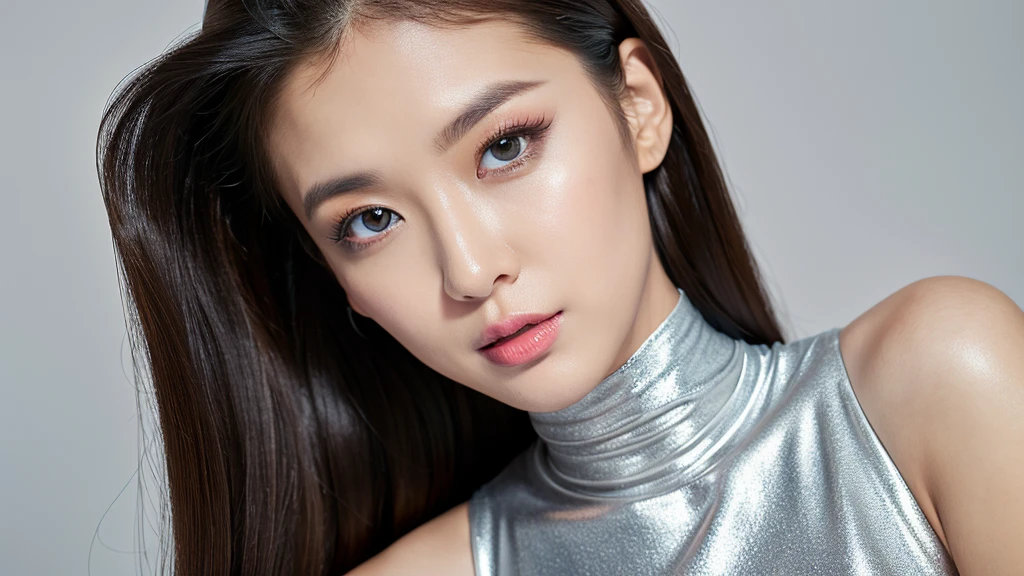 (Detailed face),(vivid),(Silver)Turtleneck sleeveless lightweight dress,4K,Ultra-high resolution,(Photorealistic:1.7),White Background,Black long hair,