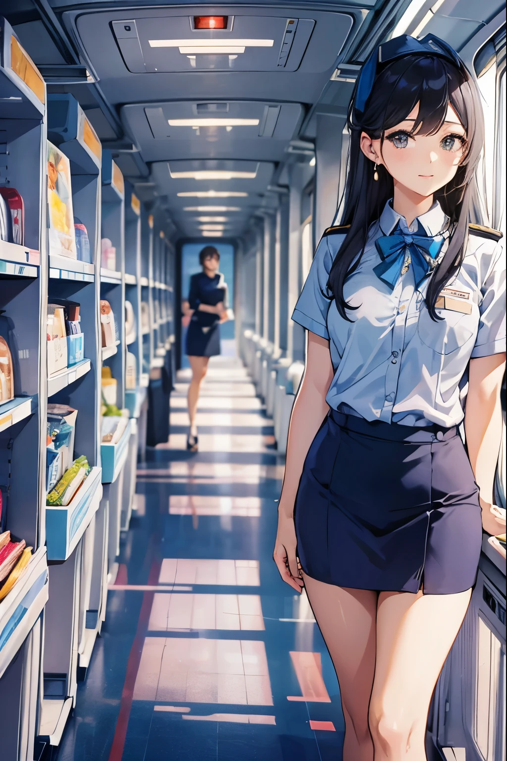 ((Ana_flight attendant, _uniform)),, (aircraft, aircraft seats), Cute face,, stewardess。Earrings、Sexy、Cabin attendant、Beauty、standing and serving customers