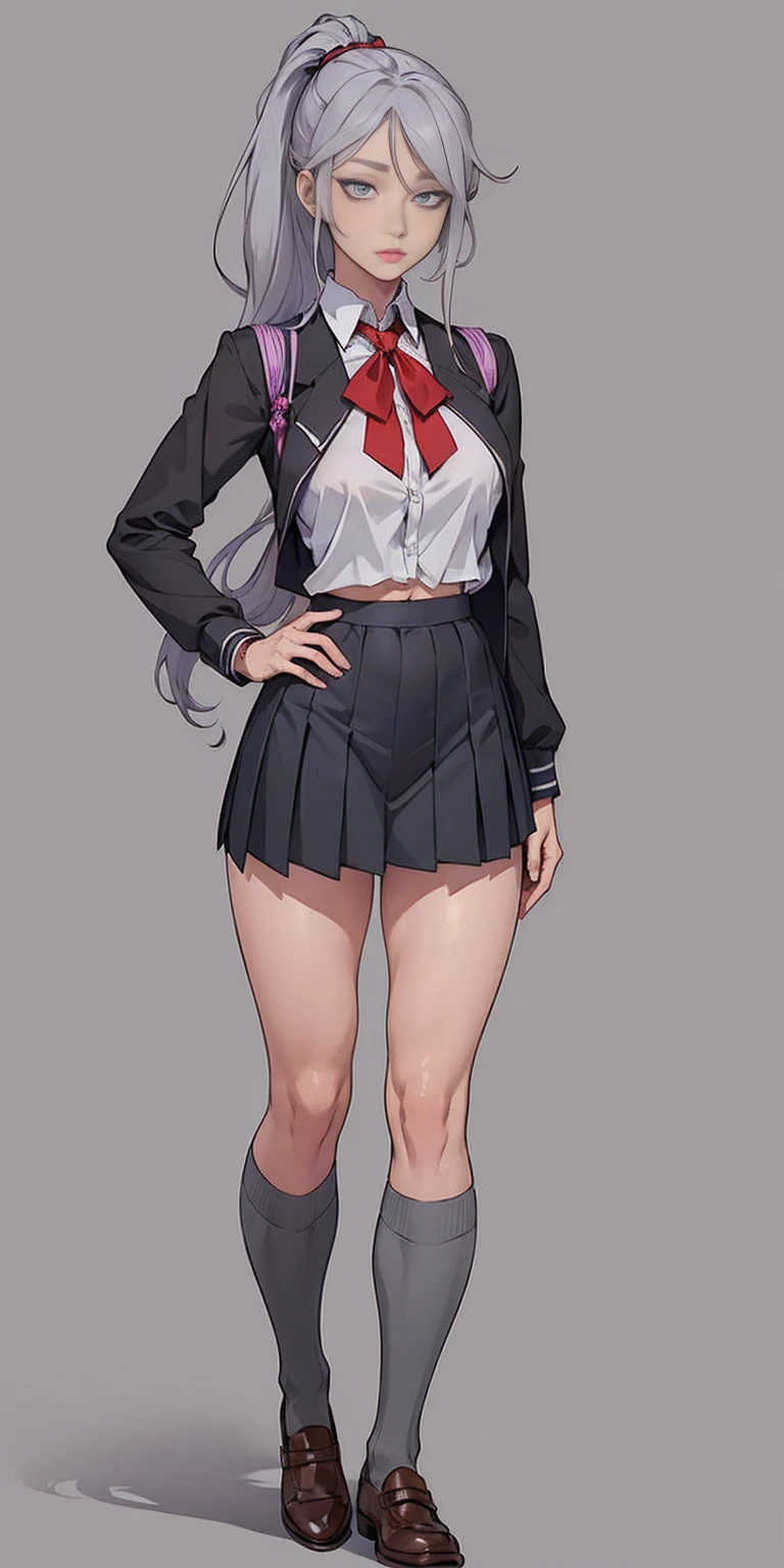 ((Masterpiece, plain background,1:2, masterpiece)) full body standing catolic SCHOOL GIRL UNIFORM, BROWN SHOES, hands on waist, navel, (Vladilena Milize) (grey eyes:1.5), grey hair, hair between eyes, long hair, hair ponytail