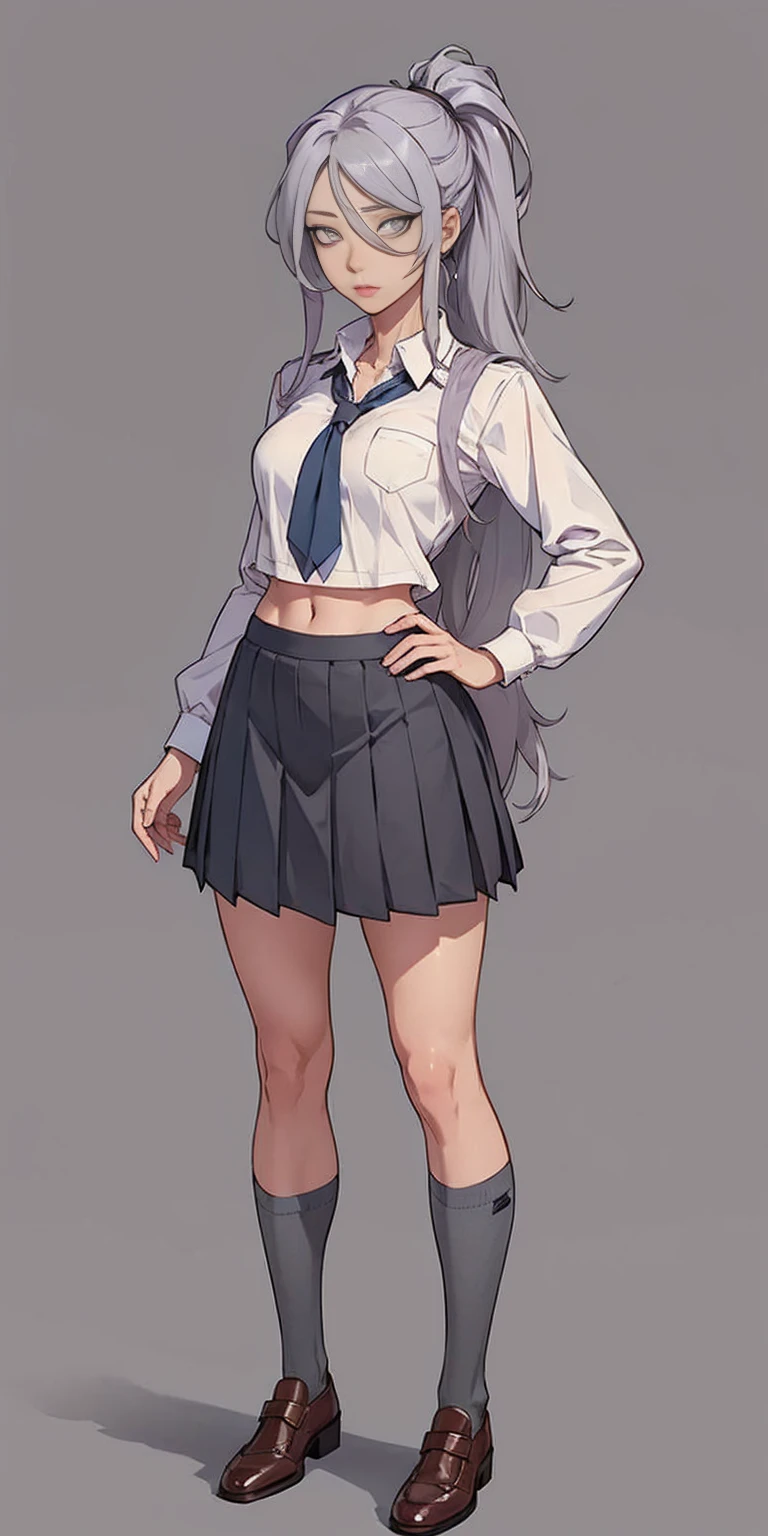 ((Masterpiece, plain background,1:2, masterpiece)) full body standing catolic SCHOOL GIRL UNIFORM, BROWN SHOES, hands on waist, navel, (Vladilena Milize) (grey eyes:1.5), grey hair, hair between eyes, long hair, hair ponytail