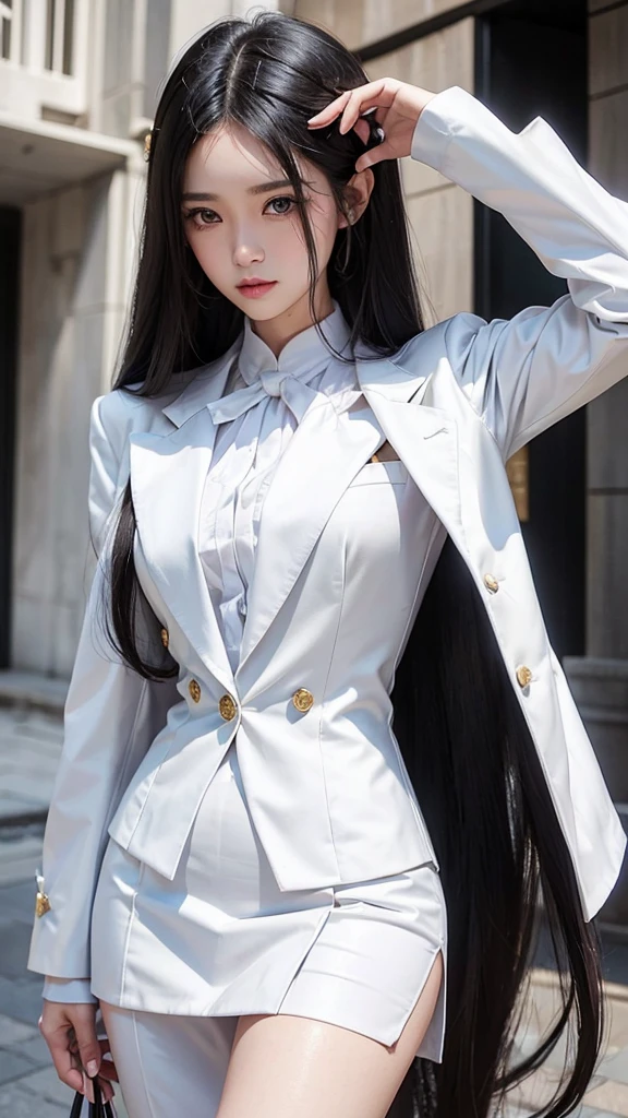 woman, กระโปรงสั้นwhite, คลุมเสื้อsuitwhite, skirt only, (สาวสวยTwo meter long hair, my hair is very long., extra long hair, long black hair), (suitสไตล์อิตาลี, suitสองปุ่ม), (Italian suit, white suit, Set of two buttons), (ใส่suitwoman, Business woman&#39;suit, white), (suitwomanwhite), (เสื้อเชิ้ตwhite), necktie, (necktieสั้นสีดำ, necktieสีดำ, necktieผอม, ถักnecktie), (military rank insignia), (Short pencil skirtwhite), (Dynamic posts), full body, (A gigantic rift), (big breasts, thin body, small waist, hips raised, small thighs, Long legs), high-heelsสีดำ, (Short pencil skirt, white), Wearing a suit for a business woman, (Wearing a white businessuit, suitนักธุรกิจหญิงwhite), (tight, military regalia, เสื้อwhite, กระโปรงwhite), (black shoes), (Two gold suit buttons, Two meter long hair, suitเข้ารูป, เสื้อsuitwhiteทรงธรรมดารัดรูป), (black shoes, high-heels), (stand, walk, elegant gesture, Dynamic posts), short dress, earring, garden, monument